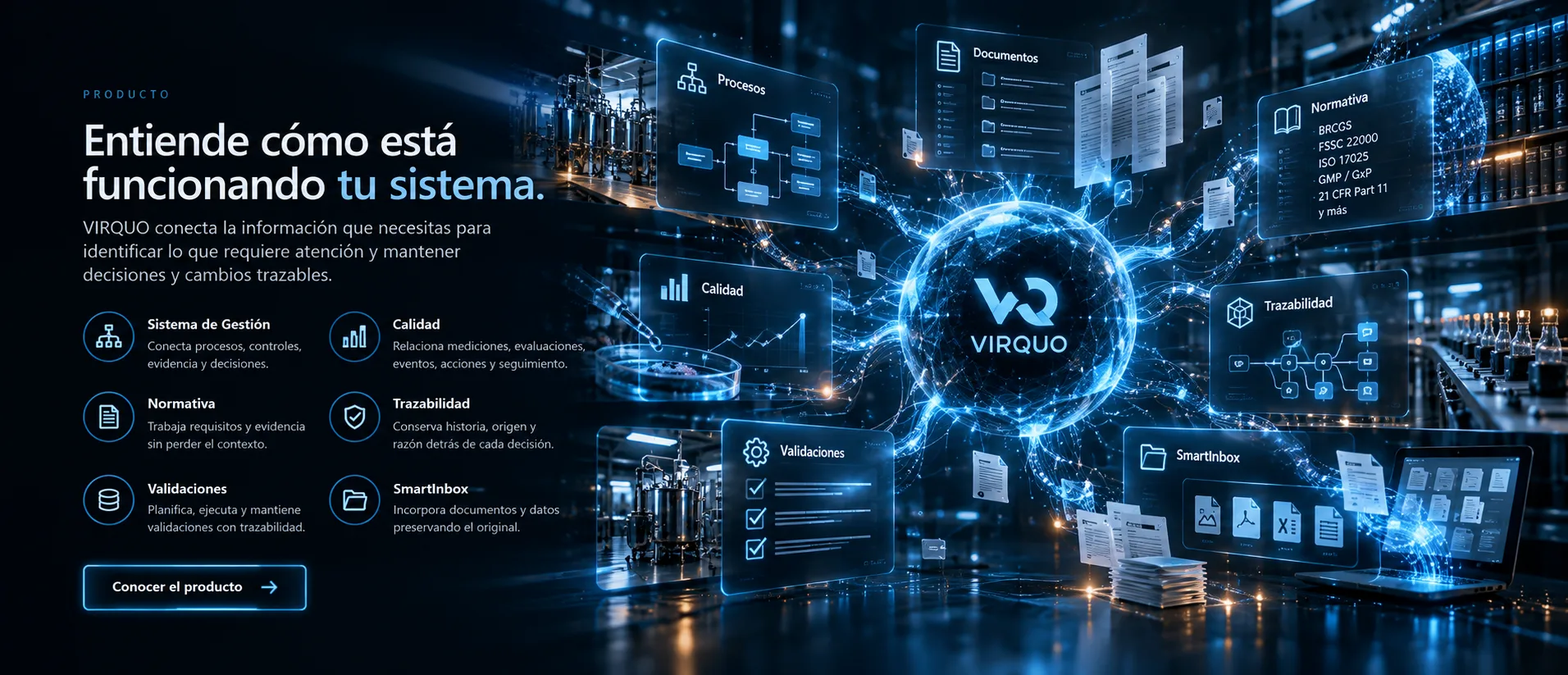 El sistema vivo de VIRQUO: información, procesos, documentos, evidencia, normativa y decisiones conectados en un mismo contexto, con la persona manteniendo la autoridad sobre la conclusión.