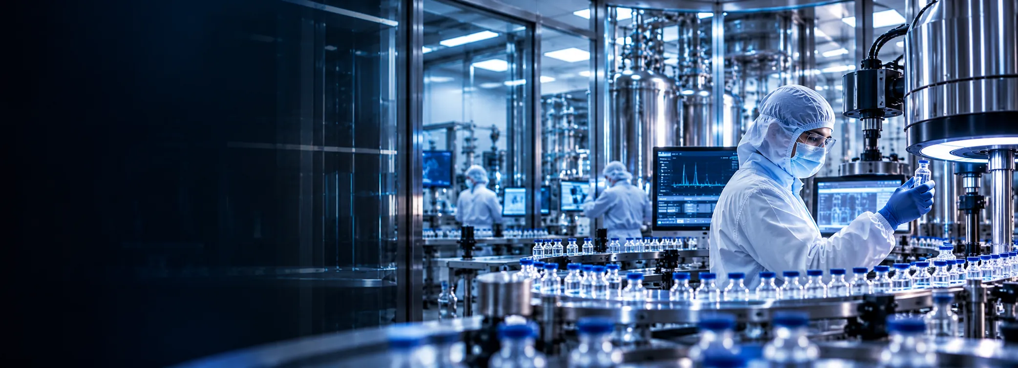 Entorno farmacéutico estéril: producto, precisión y luz clínica controlada.